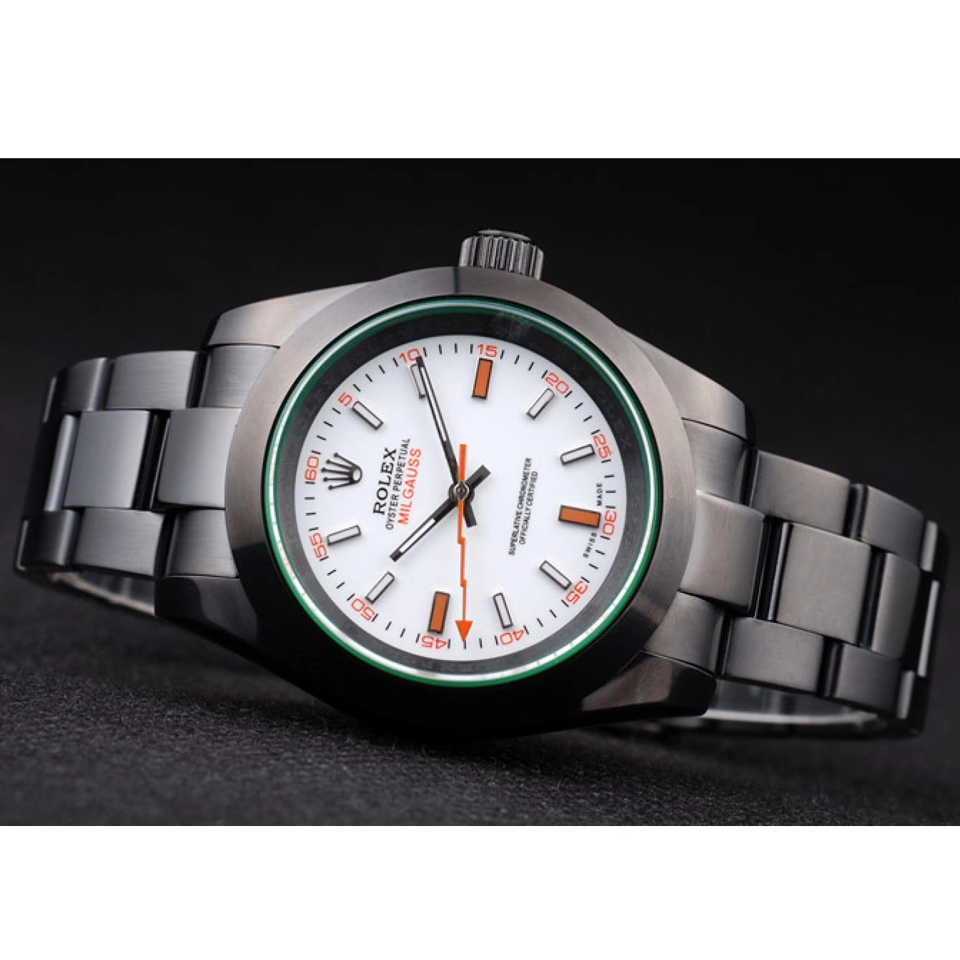 Aaa replica watch Green Dial Rolex White Milgauss Pro-Hunter Tinted Saphire 0727